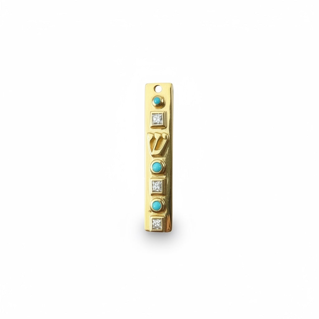 Mezuzah Gold and Diamond and Turquoise Pendant tag